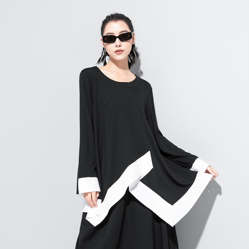 [EAM] Women White Contrast Color Split Big Size T-shirt New Round Neck Long Sleeve Fashion Tide Spring Autumn 2021 1DA611 210302