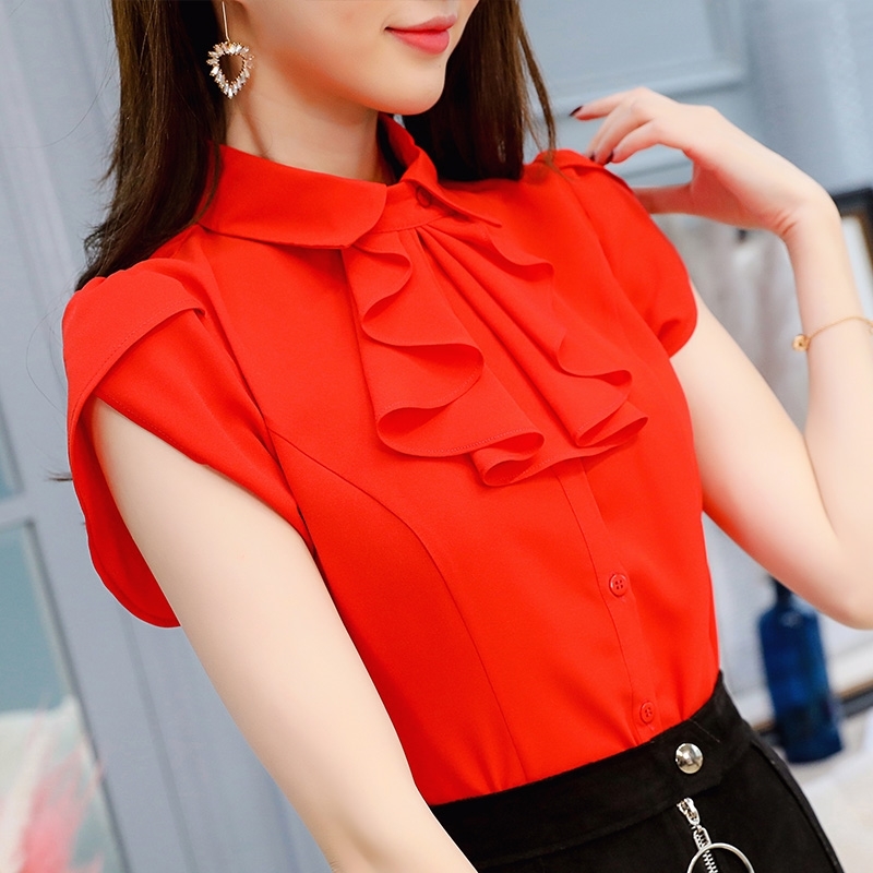 Summer Womens Formal Sheer White Red Shirt for Women Short Sleeve Ruffle Button Chiffon Tops and Blouses Slim Work Blusa 210225