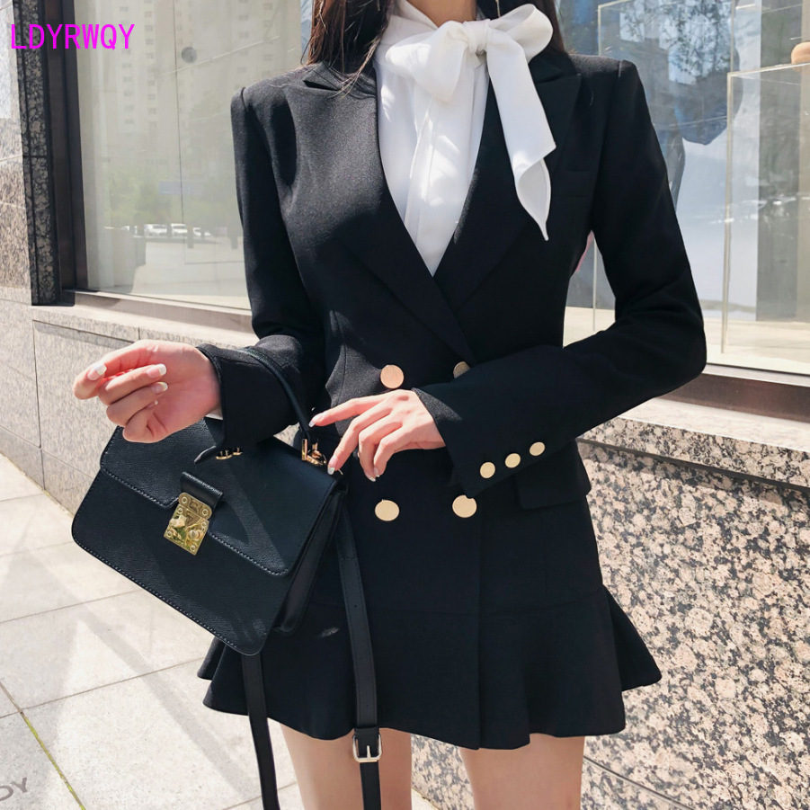 autumn and winter new Korean women's professional temperament suit collar doublebreasted Slim stitching ruffled dress 201008