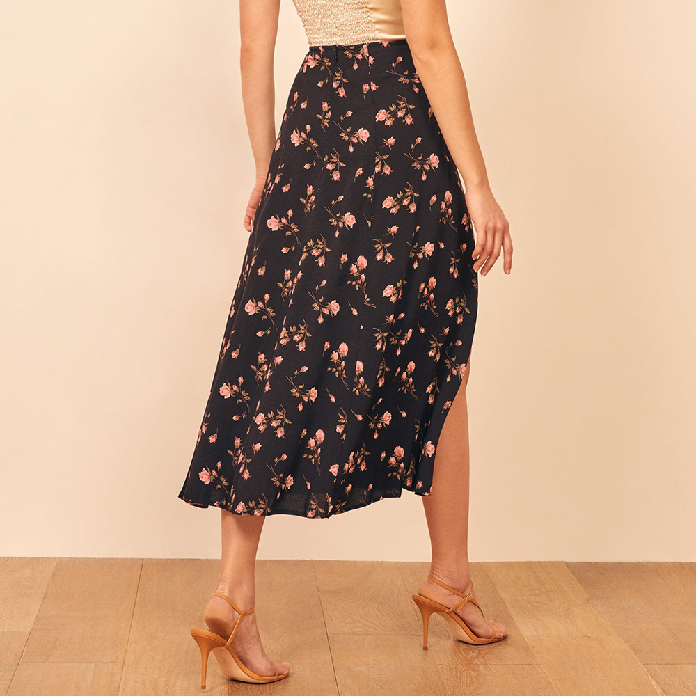 Women Skirt Fashion Elegant Vintage Black Floral Skirts Womens New High Waist Midi Skirt Sexy Side High Slit Woman Skirts 210309