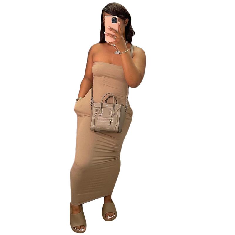 Casual Dresses Sexy Tube Top Long Maxi Dress With Pockets Summer For Women 2021 Oversized Bodycon Party Clubwear