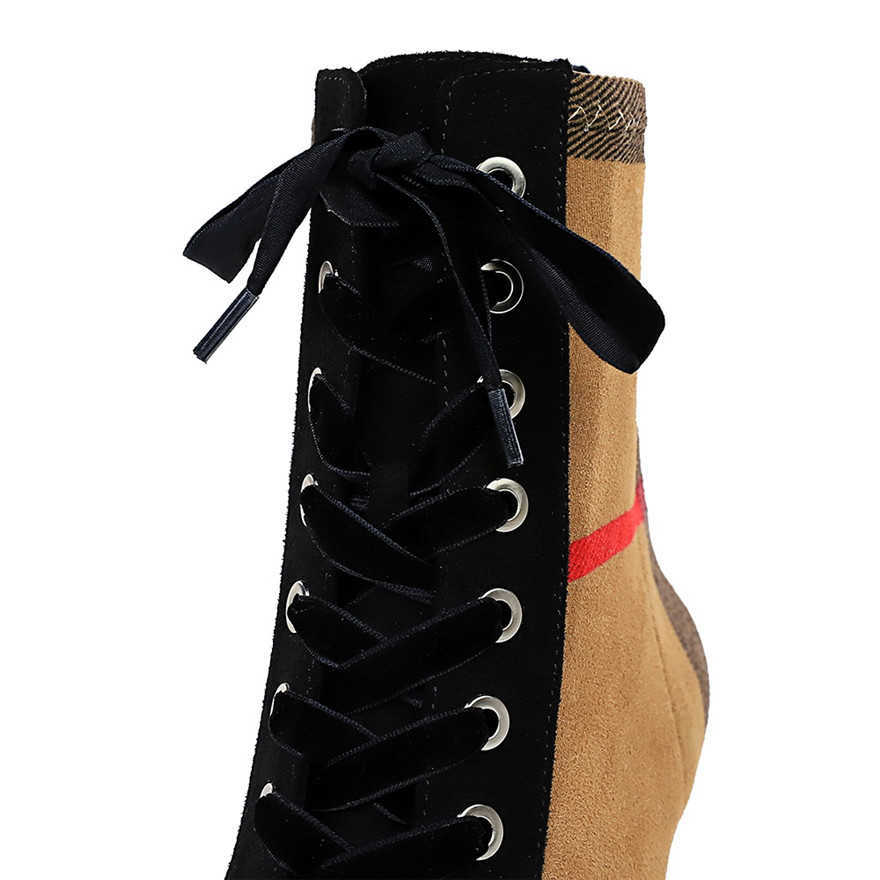 Hot Plaid Patchwork Flock Leather Boots Women's Fashion 8cm High Heels Ankle Pumps Pointed Toe Lace-Up Casual Ladies Short Boots Y0914