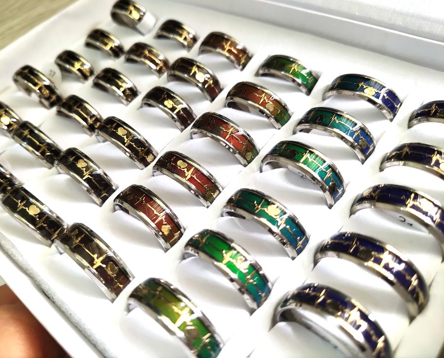 20pcs ECG Mood Ring Mens Electrocardiogram Color Change Stainless Steel Wedding Rings Fashion Womens Ring Male Unique Jewelry Gift Favor