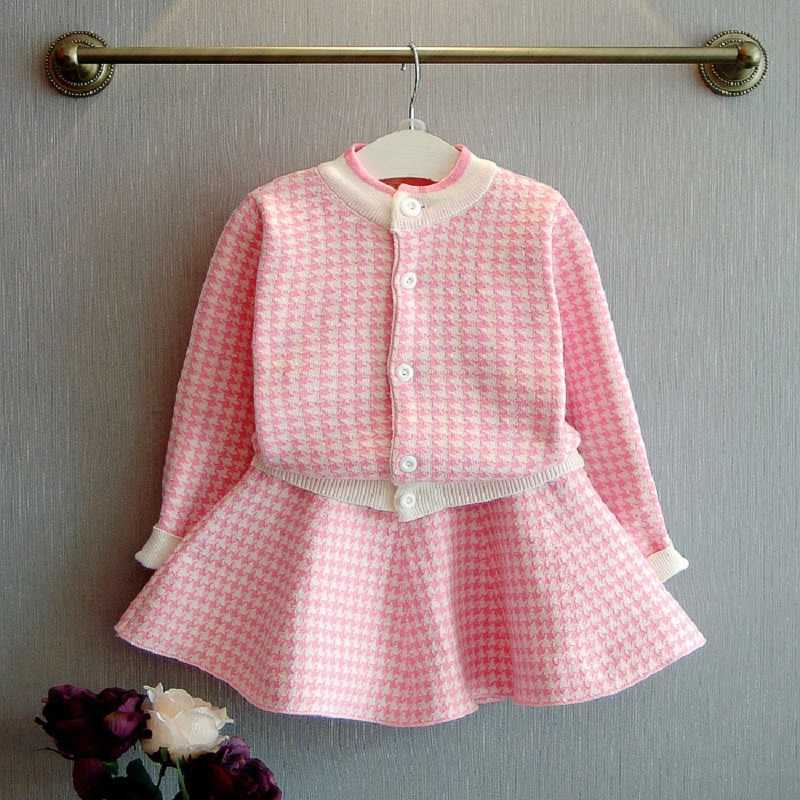 Arrivals Summer Children Sets Long Sleeve Single Breasted Sweater Houndstooth Skirt 2Pcs Girls Clothes 2-7T 210629
