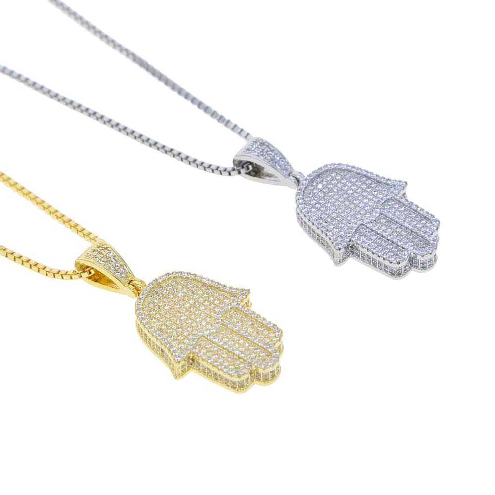 Hand Of the Angel Fatima Pendant Choker Hip Hop Full Iced Out Cubic Zirconia Gold Sliver Color CZ Stone Necklace Women Men 210621