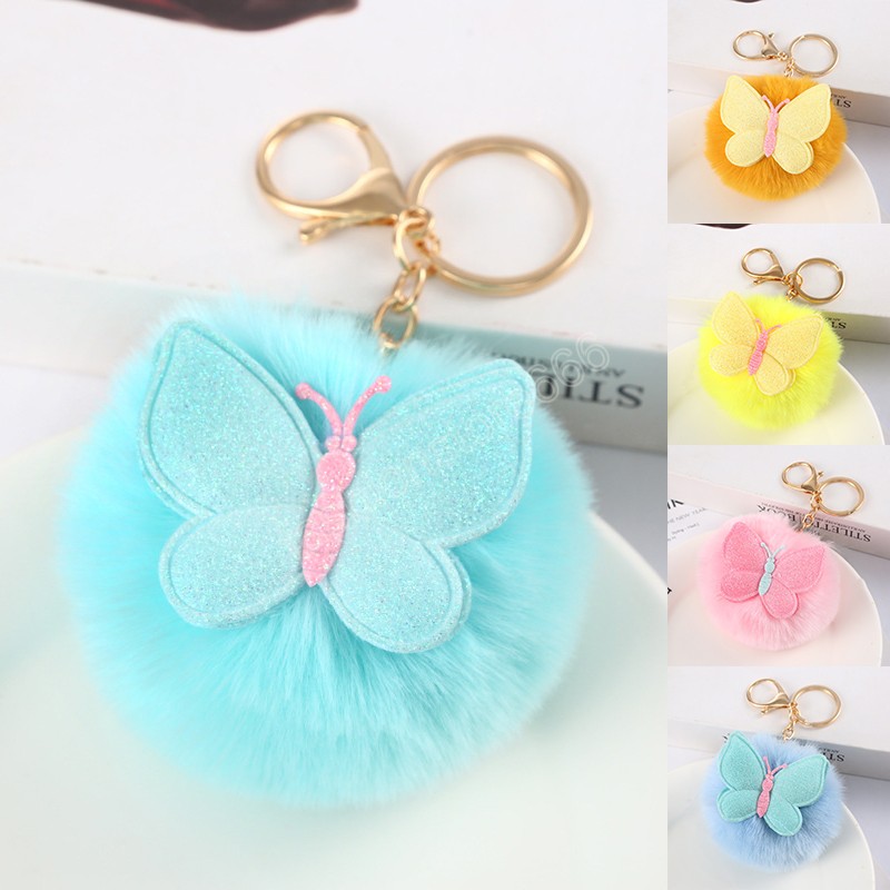 Lovely Fluffy Fur Pom Pom Key Chains Soft Plush Ball Car Keyring With Butterfly Pattern For Women Handbag Pendant Jewelry Gifts