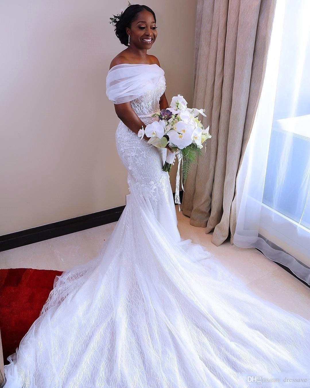 White Mermaid Wedding Dresses Nigerian Arabic African Bridal Gowns Sheer Off Shoulder Sweep Train Robe de soriee