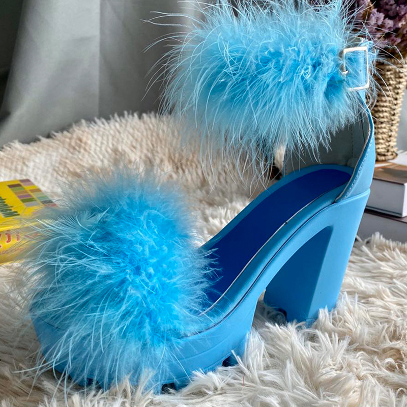 Woman Furry High Heels Pumps Buckle Platform Heels Sandals With Fur Women Square Heel Ankle Strap Open Rubber Party 2020 J2023