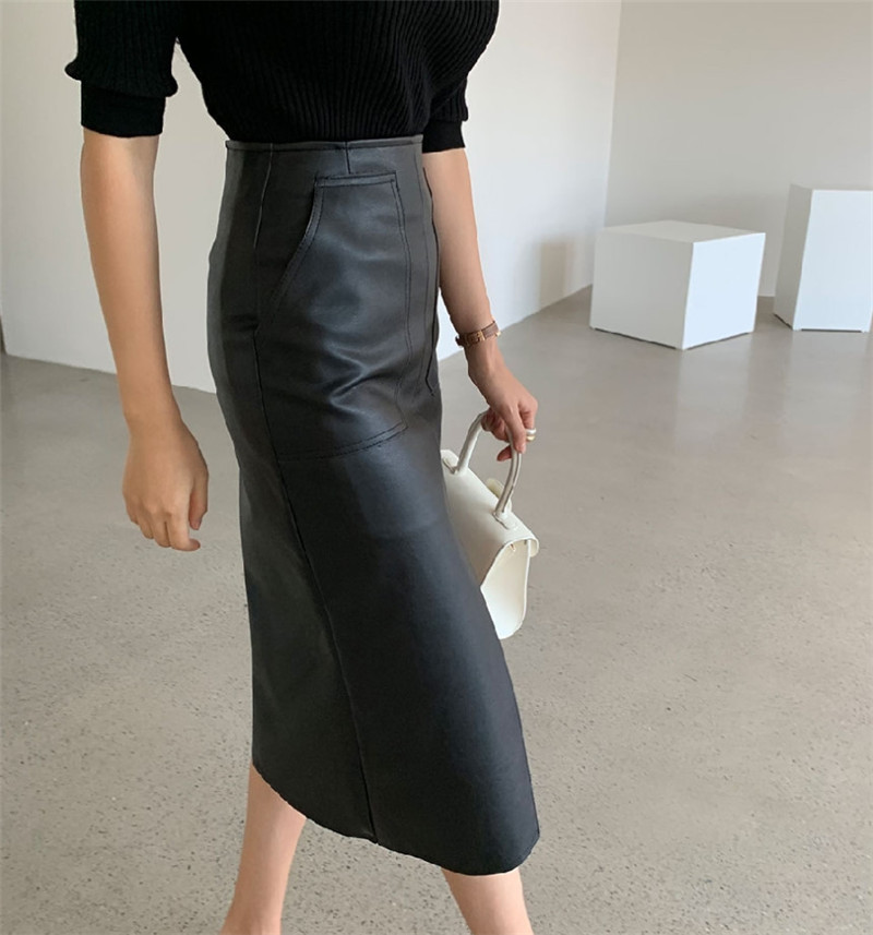 New Spring Women PU Leather Skirts High Waist Pockets Package Hip Skirt Female Front Split Zipper Midi Pencil Skirts 210309