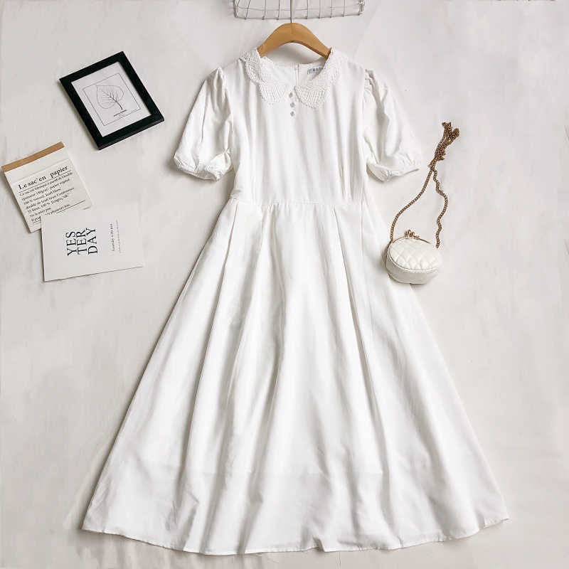 LY VAREY LIN Summer Women Sweet Peter Pan Collar High Waist Midi Dresses Casual Lace Short Sleeve A-line Female 210526