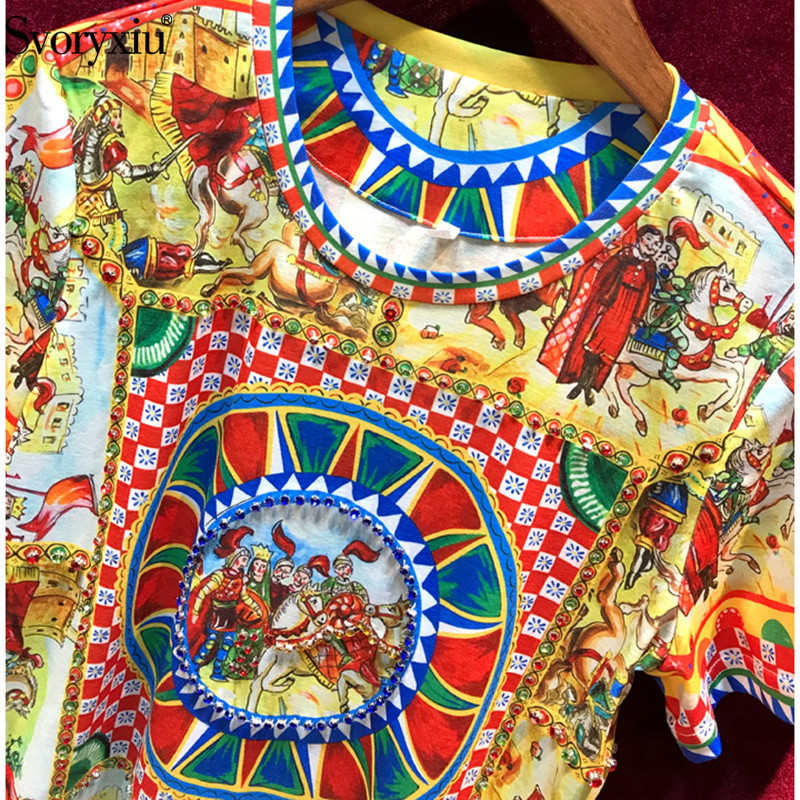 Svoryxiu Summer Women's Cotton Tshirt High Quality Runway Baroque Printing Diamond Vintage Women Top Tshirt T200110