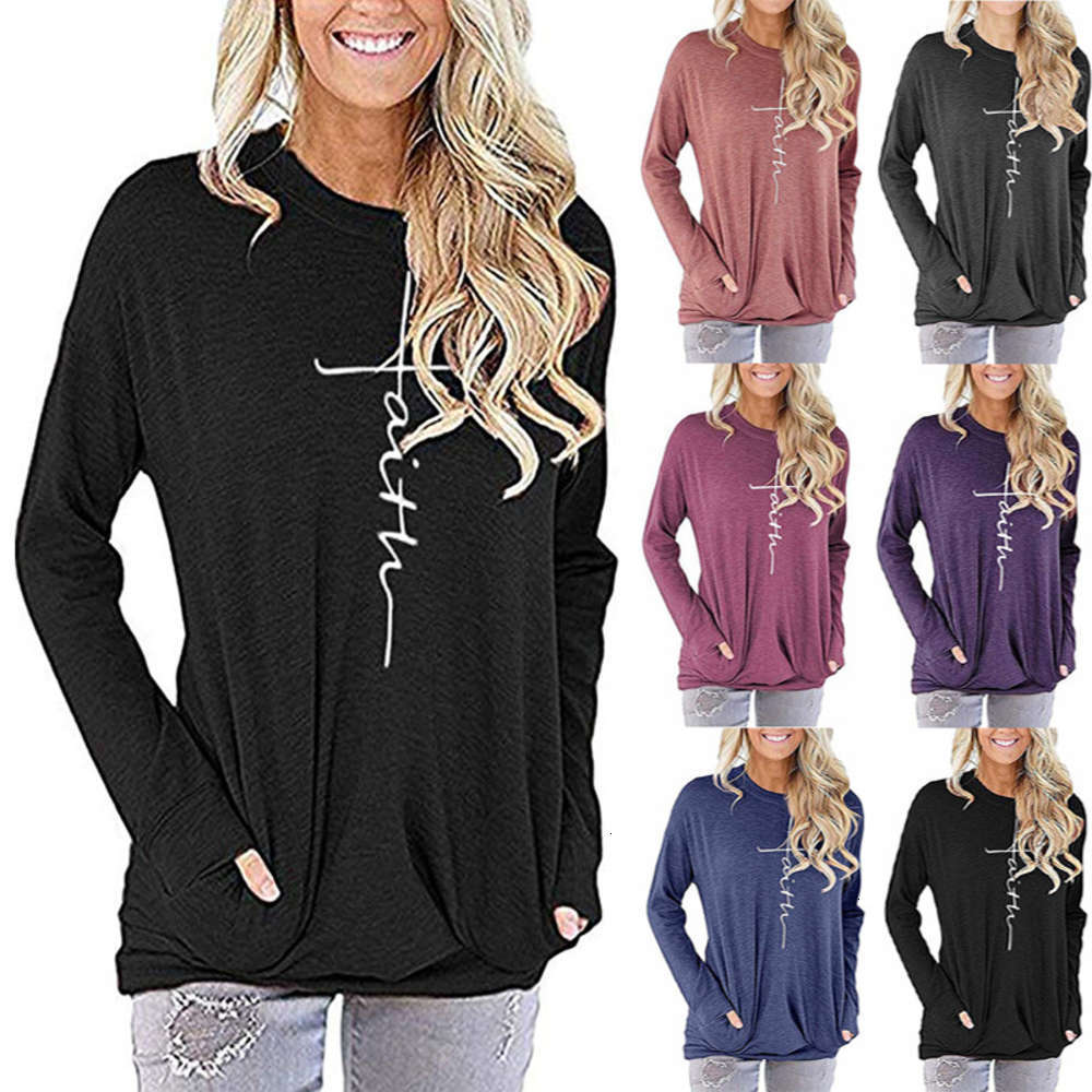 Fall and winter fashion women's sweater faith letter print round neck pocket long sleeve T shirts, White
Fall and winter fashion women's sweater faith letter print round neck pocket long sleeve T shirts, White