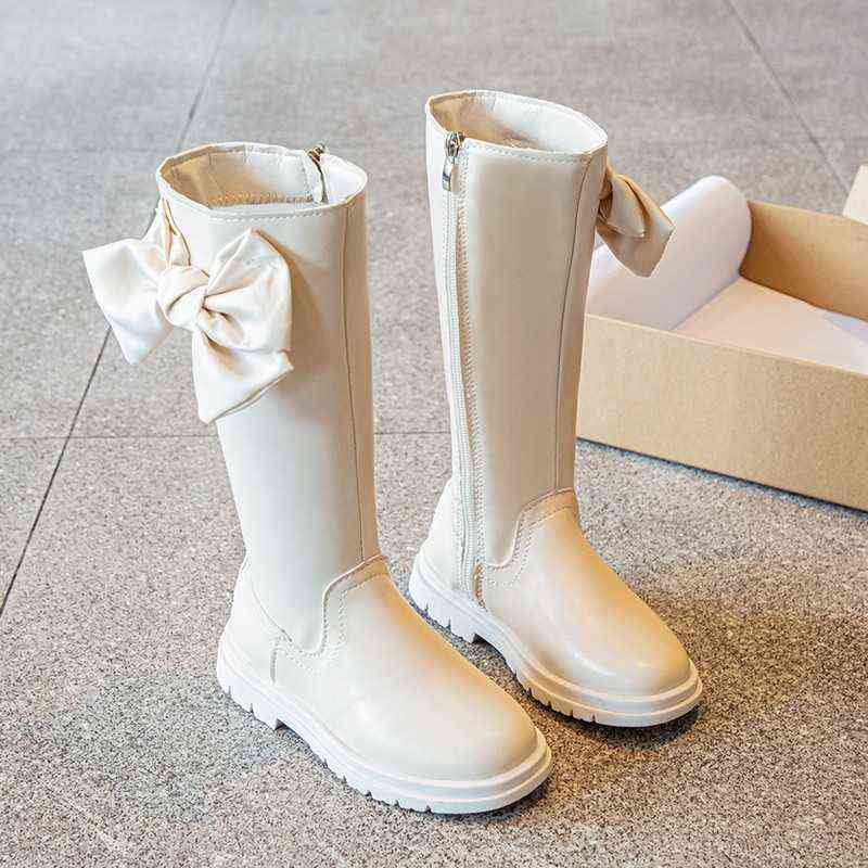 Kids Long Boots Knee Bowknot White Black Fashion Sweet Pu Leather Girl's Autumn Boot 26-36 Elegant Chic Comfy Children Shoes 211102