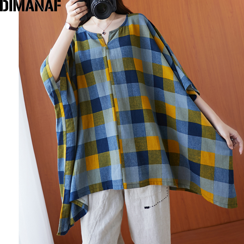 DIMANAF Plus Size Women Blouse Shirt Cotton Big Size Casual Lady Tops Tunic Print Plaid Loose Female Clothing Batwing Sleeve 5XL 210225