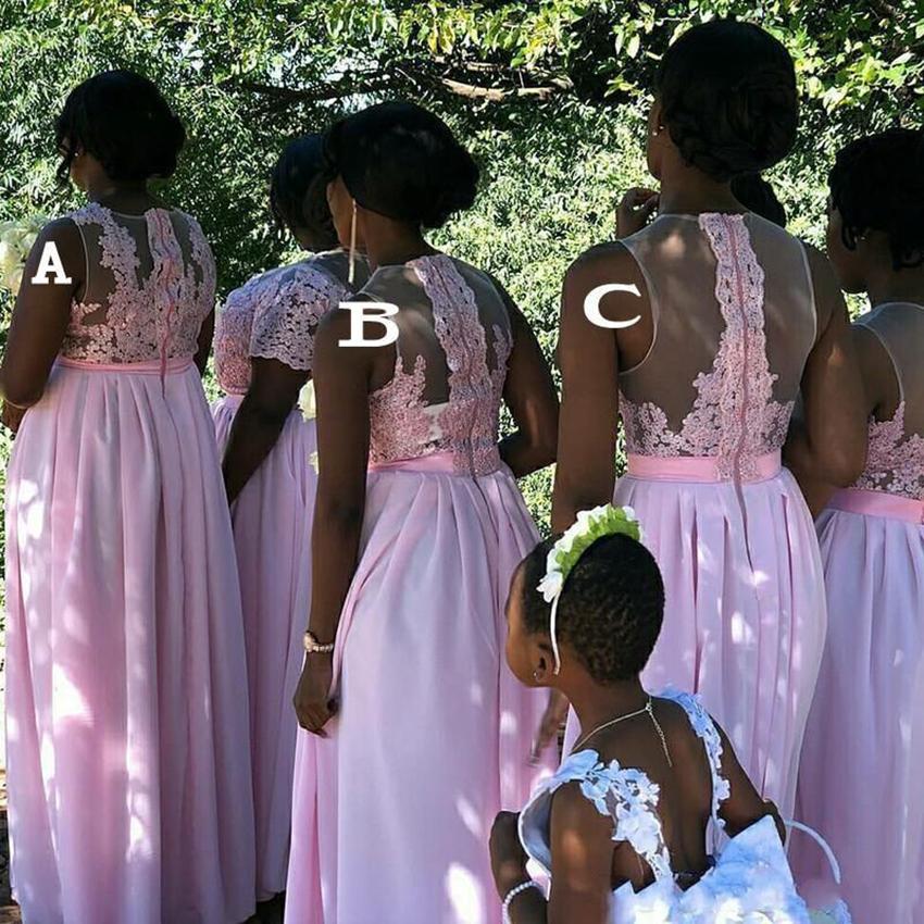 Pink Bridesmaid Dresses Plus Size Short Sleeves Sleeveless Lace Applique Side Slit Chiffon Or Length African Maid Of Honor Gown Country Wedding Pty