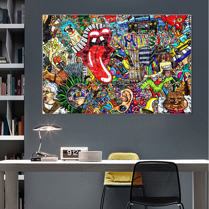 Graffiti Street Art Music Collage Abstract Figure Picture Canvas Painting Wall Art Poster Prints for Living Room Decor No Frame