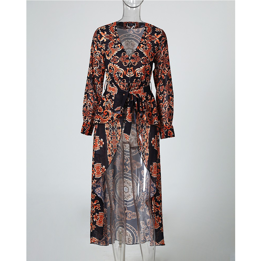 Fall Women Elegant Blusas Boho Vintage V-Neck Long Top Female Stylish Casual Shirt Baroque Print Long Sleeve Hem Blouse D30 210225