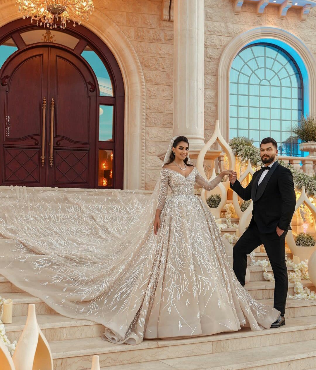 a line muslim wedding dress v neck illusion long sleeves cathedral bridal gowns custom made beading vestido de novia