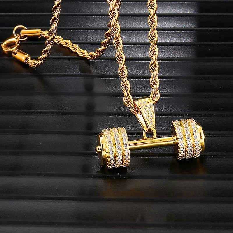 Hip Hop Iced Out Bling Rope Chain Barbell Gym Fitness Dumbbell Gold Color Hand Pendants &Necklaces For Men Jewelry 201013