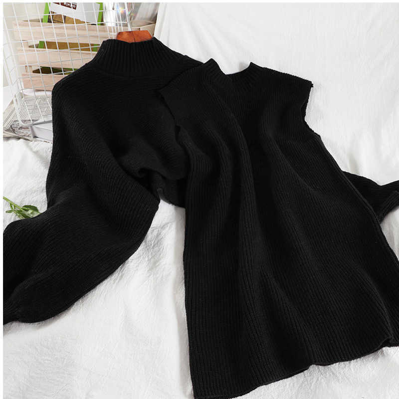 DEAT Women Short Knitted Turtleneck Long Sleeve Top Loose Vest Dress Two Piece Set Fashion Autumn Winter MZ989 210709