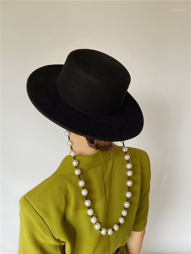 

Berets 202111-shi Designer Style Bid Pearl Ribbon Lady Fedoras Cap Women Leisure Panama Jazz Hat, Black