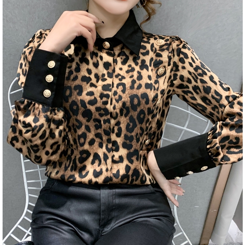2021 Chic Style Long Sleeve Patched Color Shirts Women Vinatge Print Satin Shirts Lady Office Chiffon Blouses Satin Tops 210225