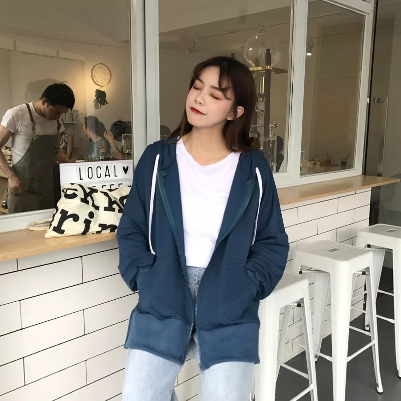 With Hat Hoodies Women New Spring Ulzzang Loose Zipup Thin Womens Clothing Pure Sideslit Chic Leisure Fashion Girl Sweatshirts T200525