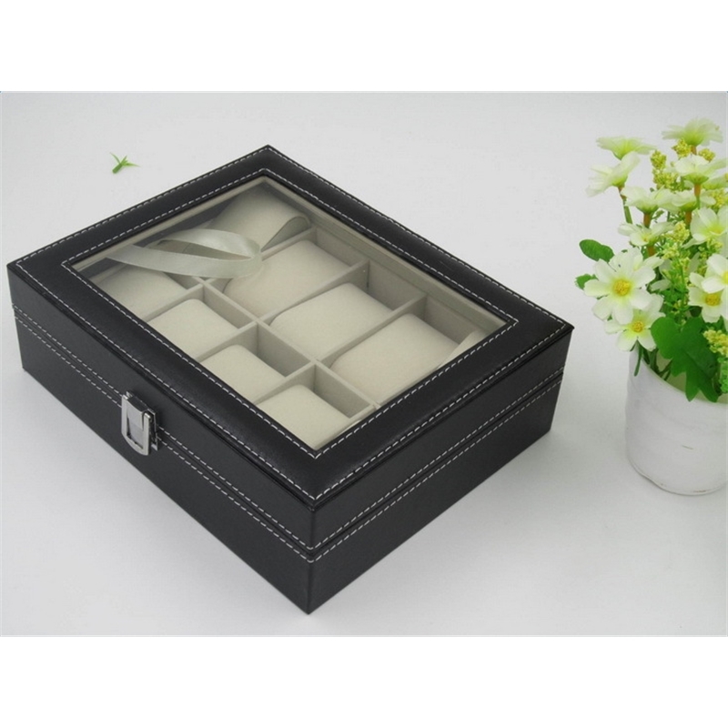 Fashion 10 Grids PU Leather Watch Boxes Storage Organizer Box Luxury Jewelry Ring Display Watch Case Black Display Case Box T20052