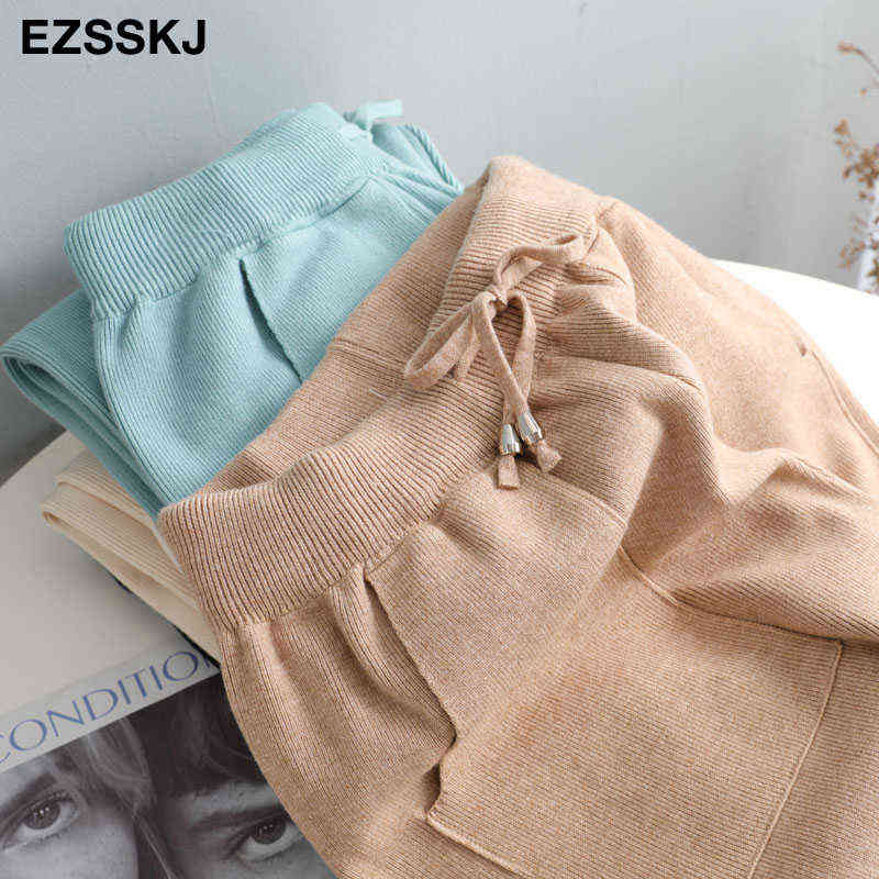 loose Women Elastic Waist Drawstring Trousers Thick Knitted Harem Pants Autumn Winter Sport pants sweater Carrot 211115