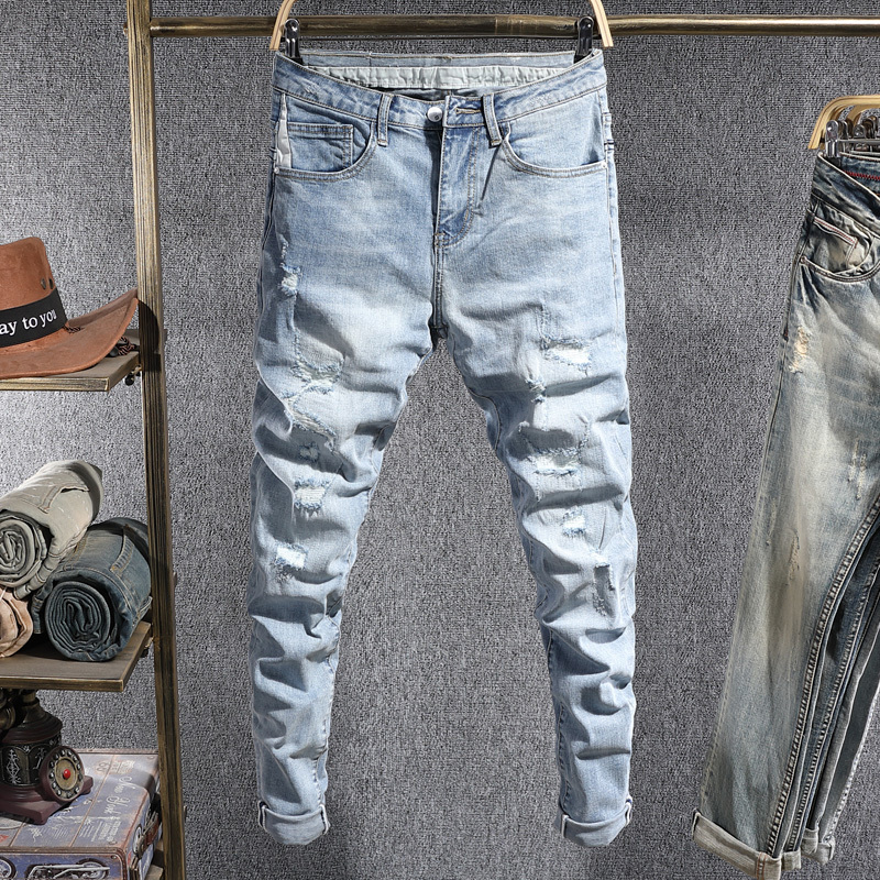 2021 New Korean Style Fashion Men Jeans High Quality Elastic Slim Fit Designer Ripped Denim Pencil Pants Streetwear Hip Hop Trousers Male 5k, Light blue
2021 New Korean Style Fashion Men Jeans High Quality Elastic Slim Fit Designer Ripped Denim Pencil Pants Streetwear Hip Hop Trousers Male 5k, Light blue