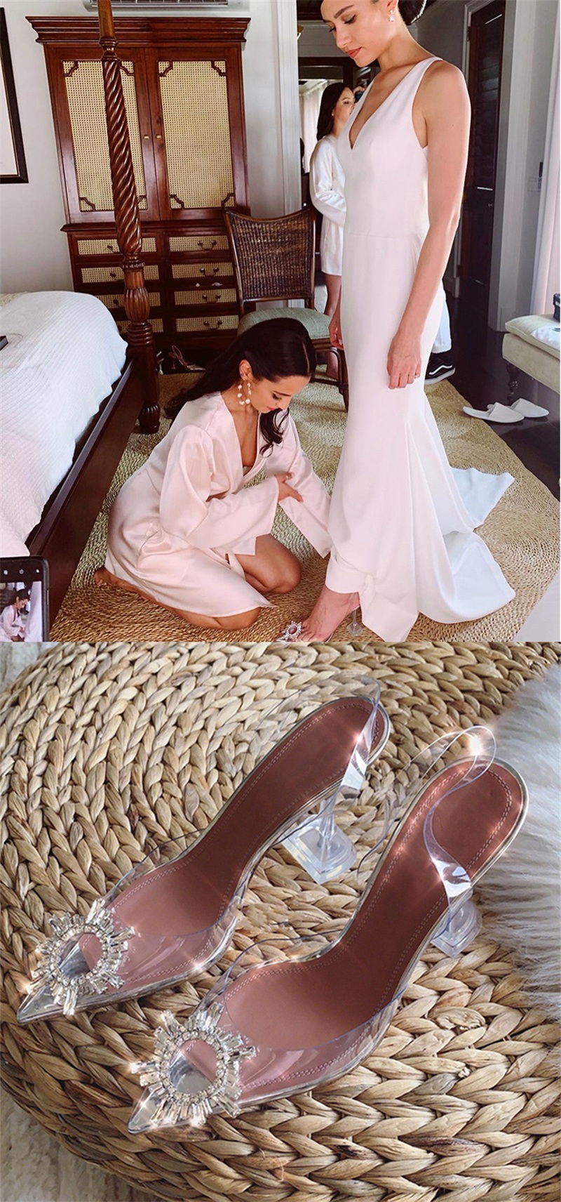 7-9CM Rhinestones Women Bridal Shoe Pointed Transparent Sandals Summer Luxury Designer Wedding Shoes High Heels With Stiletto In Stock