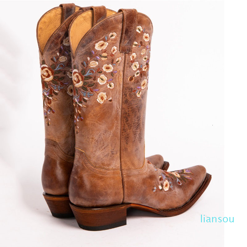 Fashion Floral Embroidered Cowgirl Knee High Leather Vintage Riding Shoes Boots Women