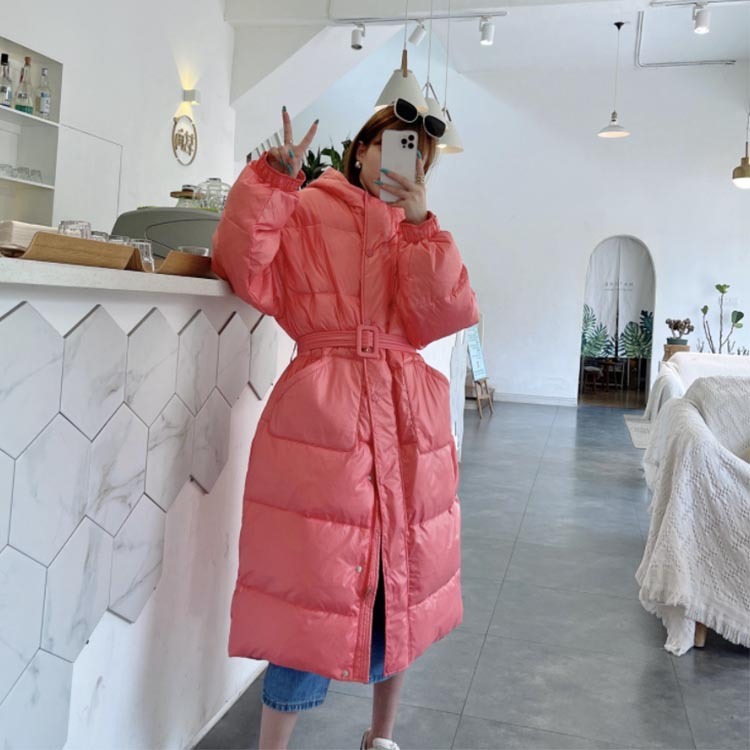Korean Version of Simple Long Knee Down Jacket 2021 New Casual Waist Closing Waistband for Women