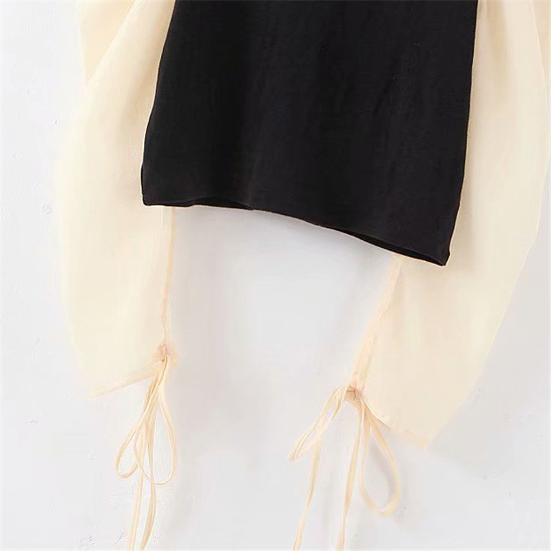 Women sweet patchwork blouse O neck long puff sleeve shirt female office wear basic cute tops blusas 210225