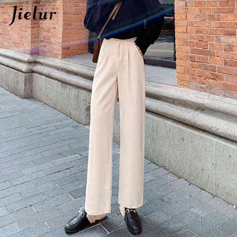 Jielur Korean Style Wide Leg Pants Women's Winter Loose Straight Female High Waist Fashion Black Woolen Trousers M-XXL 211115