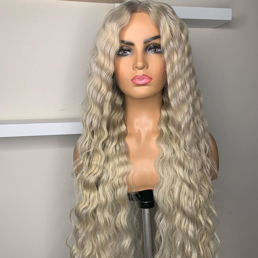 Long Blonde Synthetic Lace Front Wig Grey Colored Pre Plucked Deep Wave Frontal Simulation Human Hair Wigs For Women