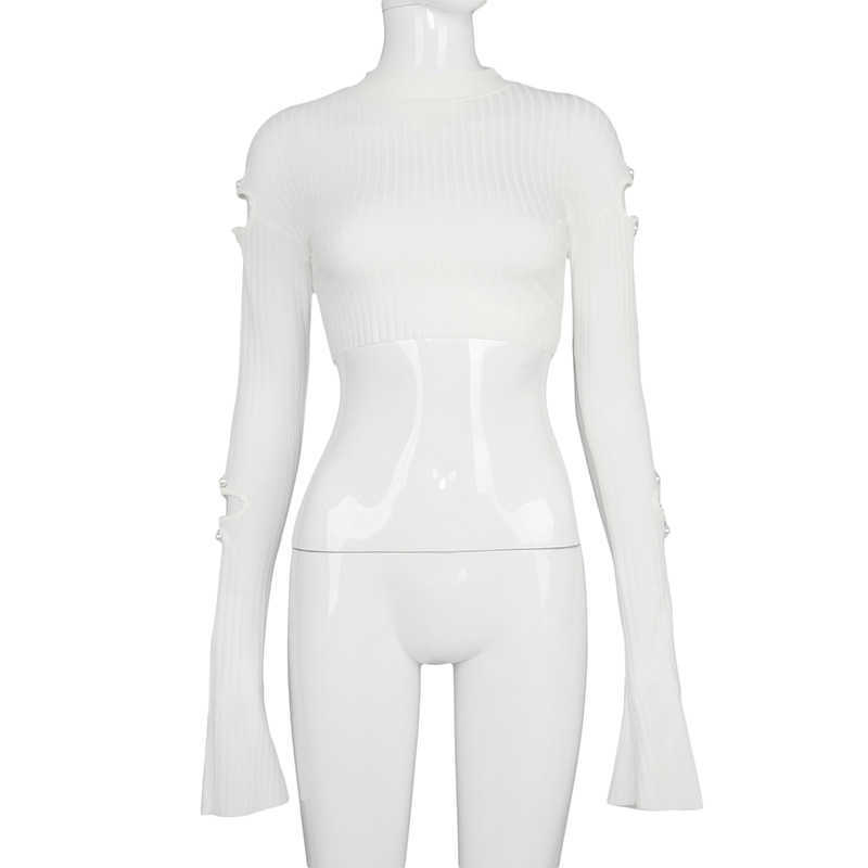 Colysmo Woman Long Sleeve Crop Tops Chic Cut out Flare Bead Bodycorn Tshirts Fall Women Casual Clothing 210527