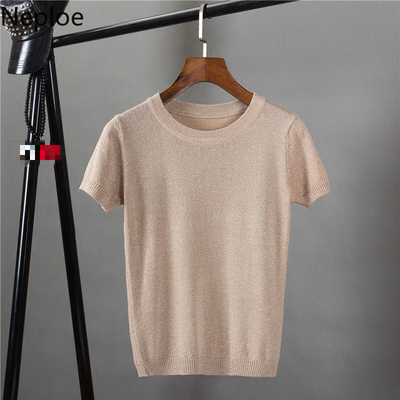 Neploe Lurex Knitted Women T Shirts Spring Summer Solid Korean O Neck Short Sleeve Tees Casual Stretch Female Tops 80612 210306