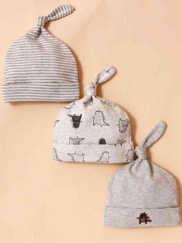 3pcs Baby Striped Print Embroidery Detail Hat SHE