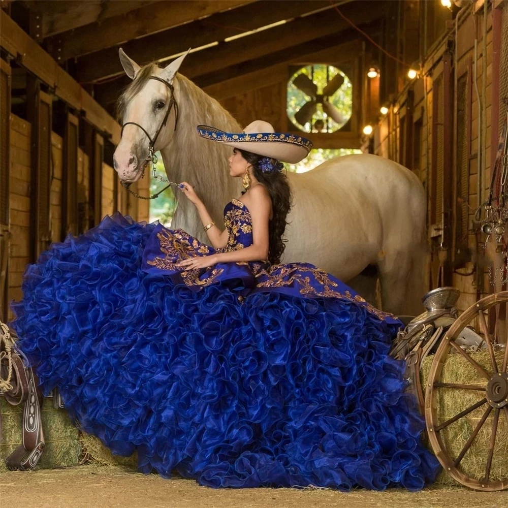 Royal Blue Princess Quinceanera Dresses Beaded Gold Lace embrodiry lace-up corset ruffles Party Sweet 16 Gown Vestidos De 15