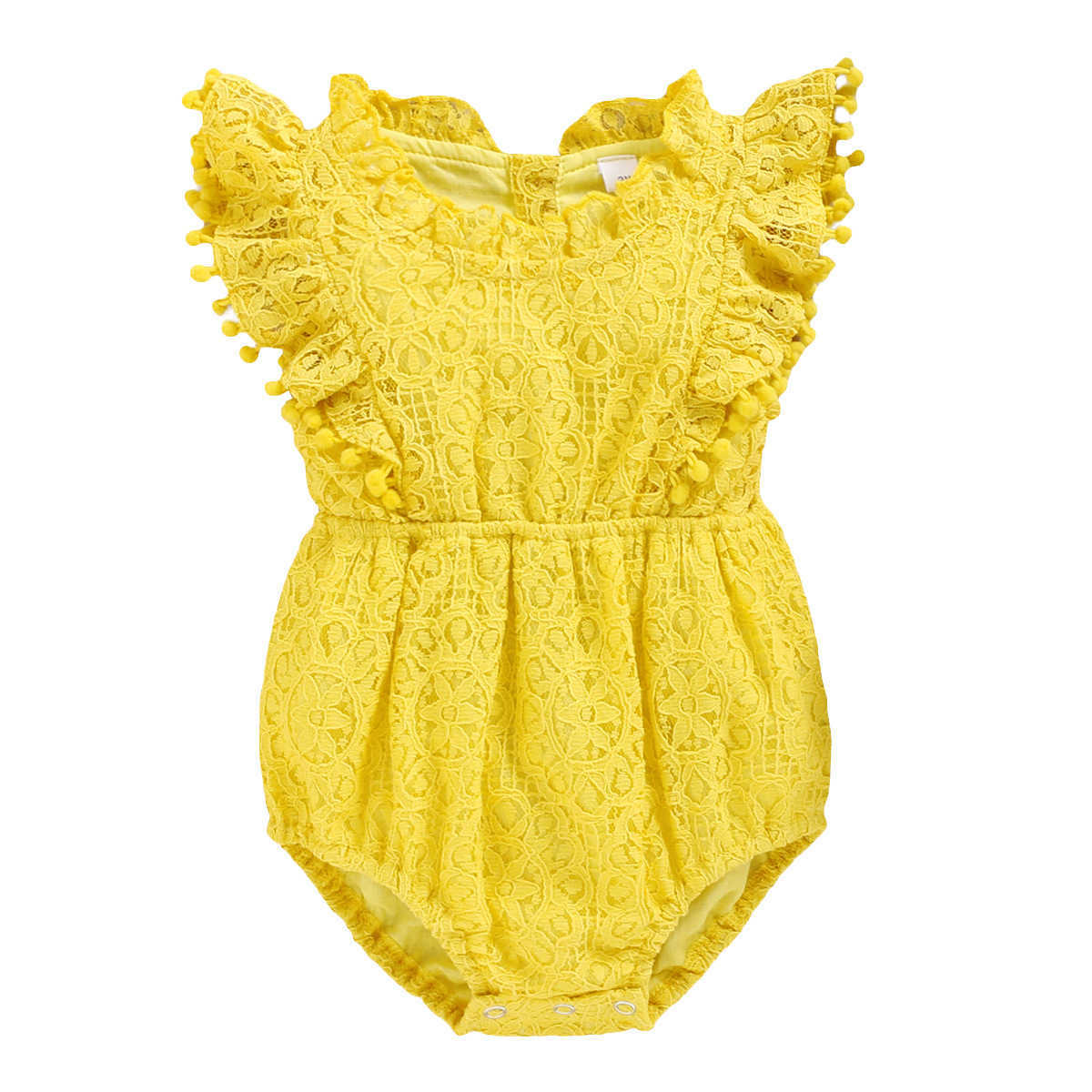 Born Baby Girls Lace Romper Onesie Toddler Fly Sleeve Pom Summer Clothing Candy Color Emrboidery Soft Dress 210529