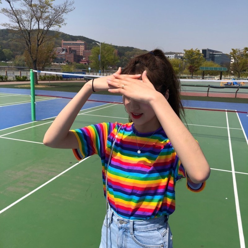 Summer Clothing Woman Tshirt Top Korean Style Tshirts Ulzzang Harajuku Rainbow Striped Short Sleeve Tshirt For Women Tees T200614