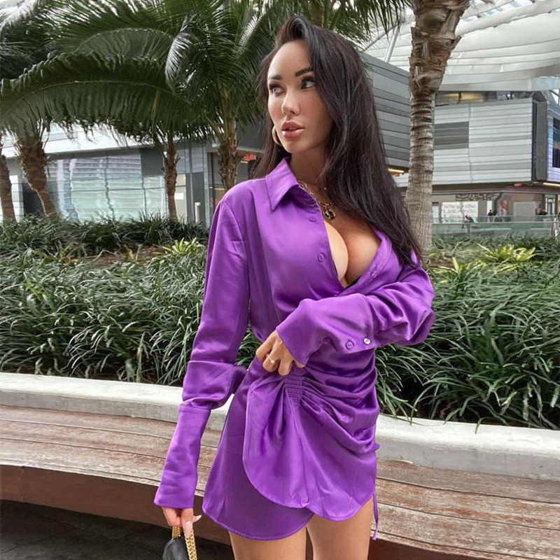 Sexy Shirt Dres Turn-Down Collar Long Sleeve Irregular Button Party Mini es Holiday Purple Satin Shirts 210623