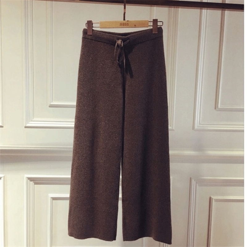 Women Pants New Spring Soft Waxy Comfortable HighWaist Cashmere Knitted Pants Female Pure Color Wide Leg Pants Casual T200104