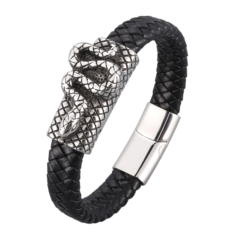 Fashion Stainless Steel Snake Charm Genuine Leather Bracelet