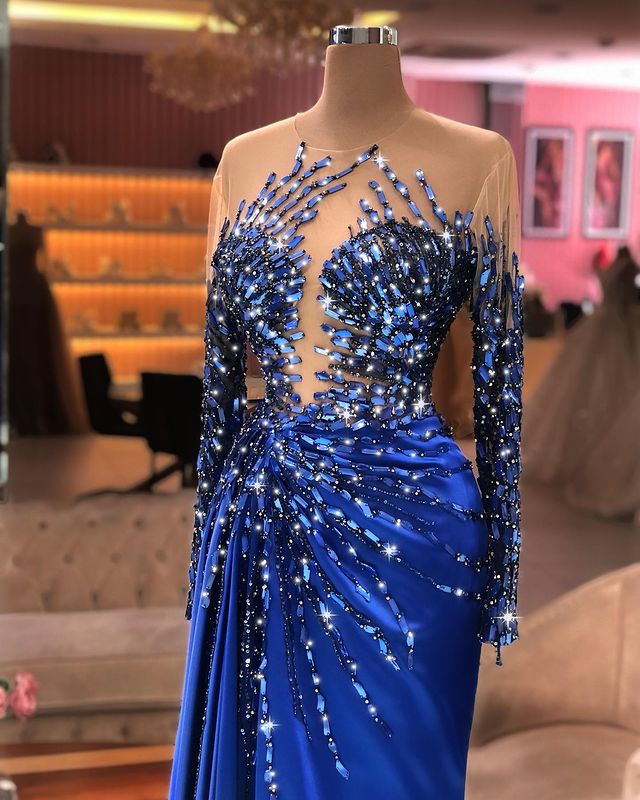 Plus Size 2021 Arabic Aso Ebi Royal Blue Luxurious Prom Dresses Beaded Crystals Sheer Neck Evening Formal Party Second Reception Gowns Dress ZJ595