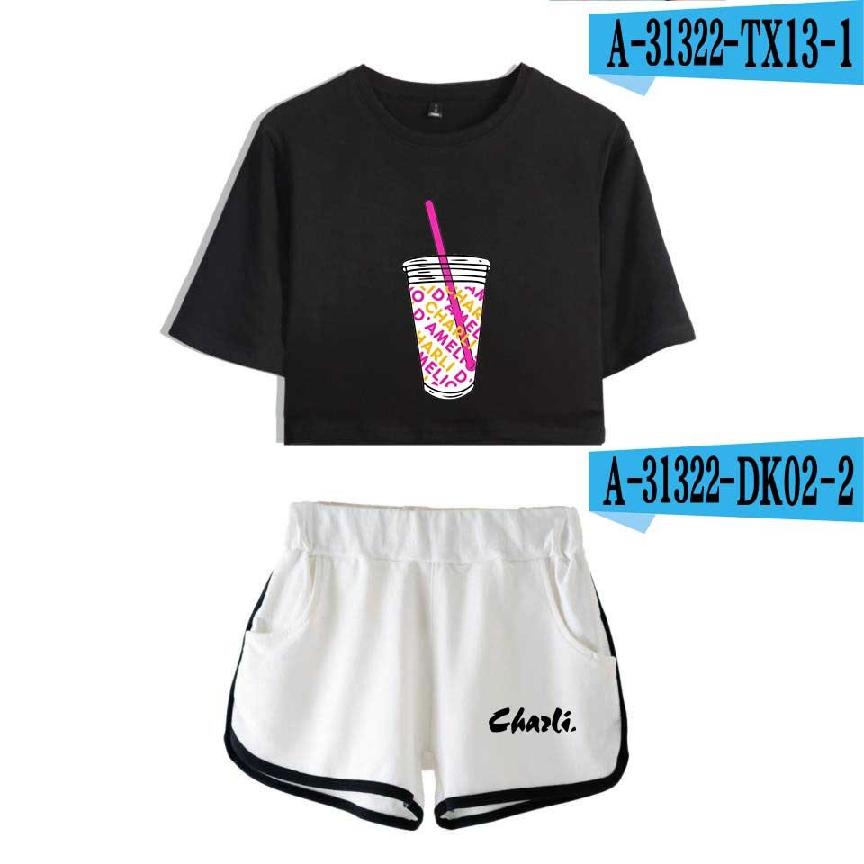 Rholycrown Women's Two Piece Shorts Cute T-Shirt Haruku Print Wer Ice Coffee Splash Charli Damelio Girl Set 210302
