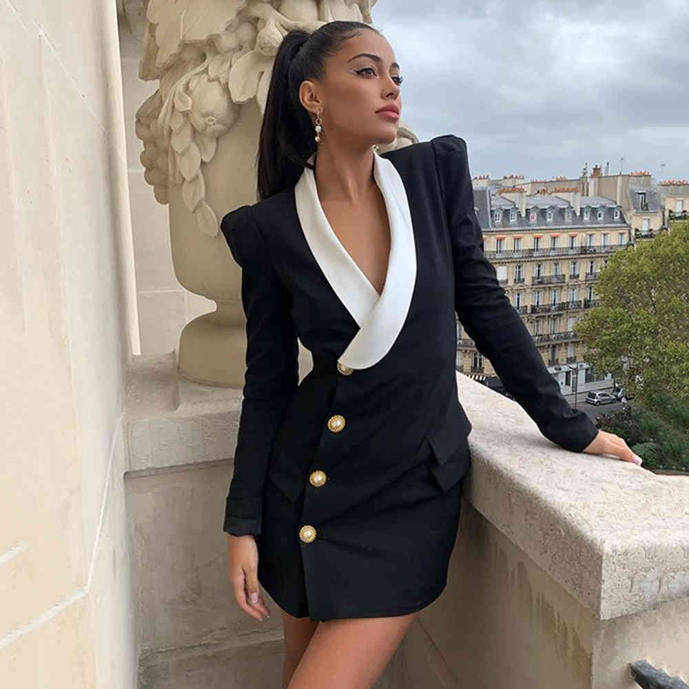 Summer Aummer Fashion Street Clothing V-Neck High Waist Solid Color Lapel Long Sleeve Slim Sexy Party Dress 210525