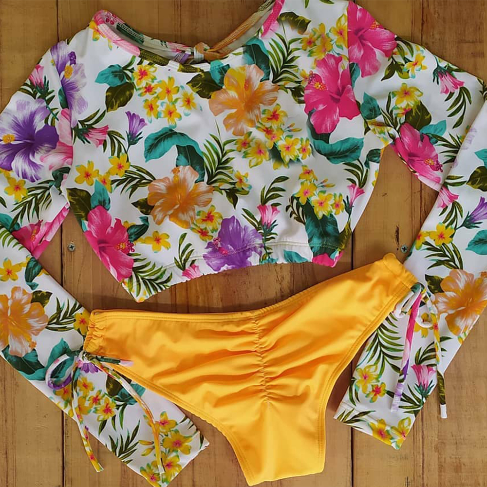 New Sexy Long Sleeve Bikinis Women Swimsuit Print Floral Bathing Suits Beachwear Brazilian Bikini Set Biquini Female 210305