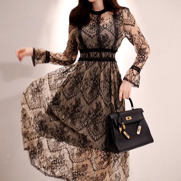 Spring Elegant Sexy Women Vintage Lace Long Sleeve O-Neck Robe Femme OL High Waist Casual Slim Party Dresses 210309
